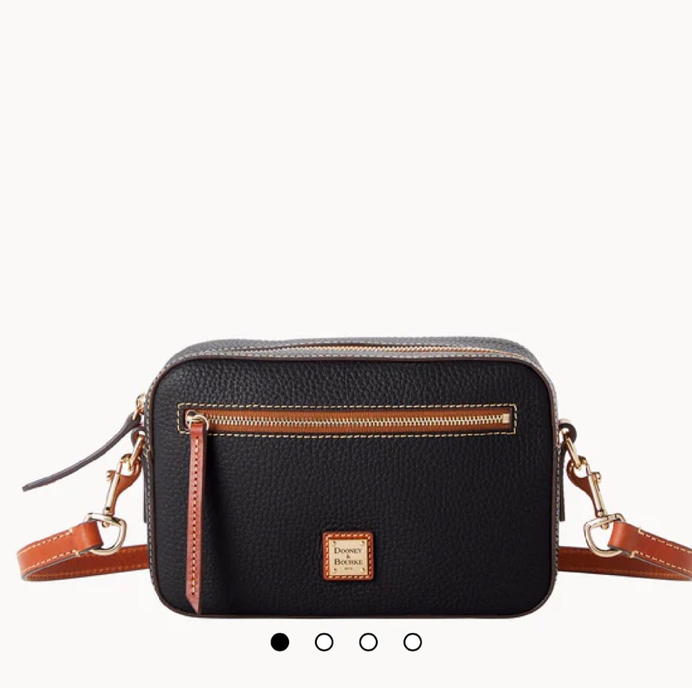 Dooney & Bourke Black Pebble Leather Zip Camera Crossbody Bag with Brown Trim